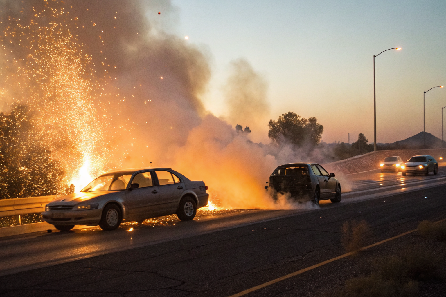 Car collision on Arizona highway at dusk with sparks and damage.