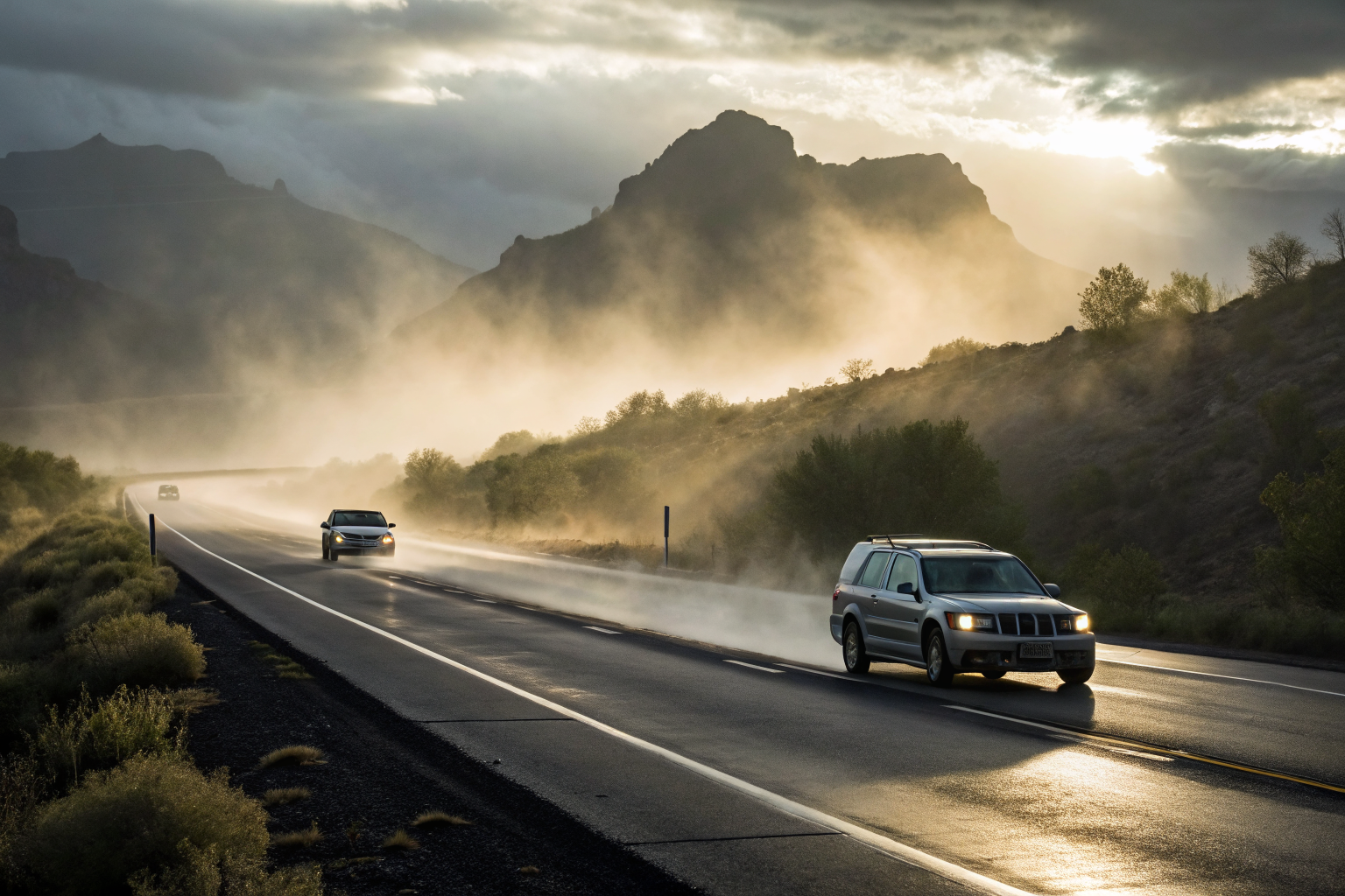 Two vehicles on Arizona highway, one business, one personal, dramatic lighting.