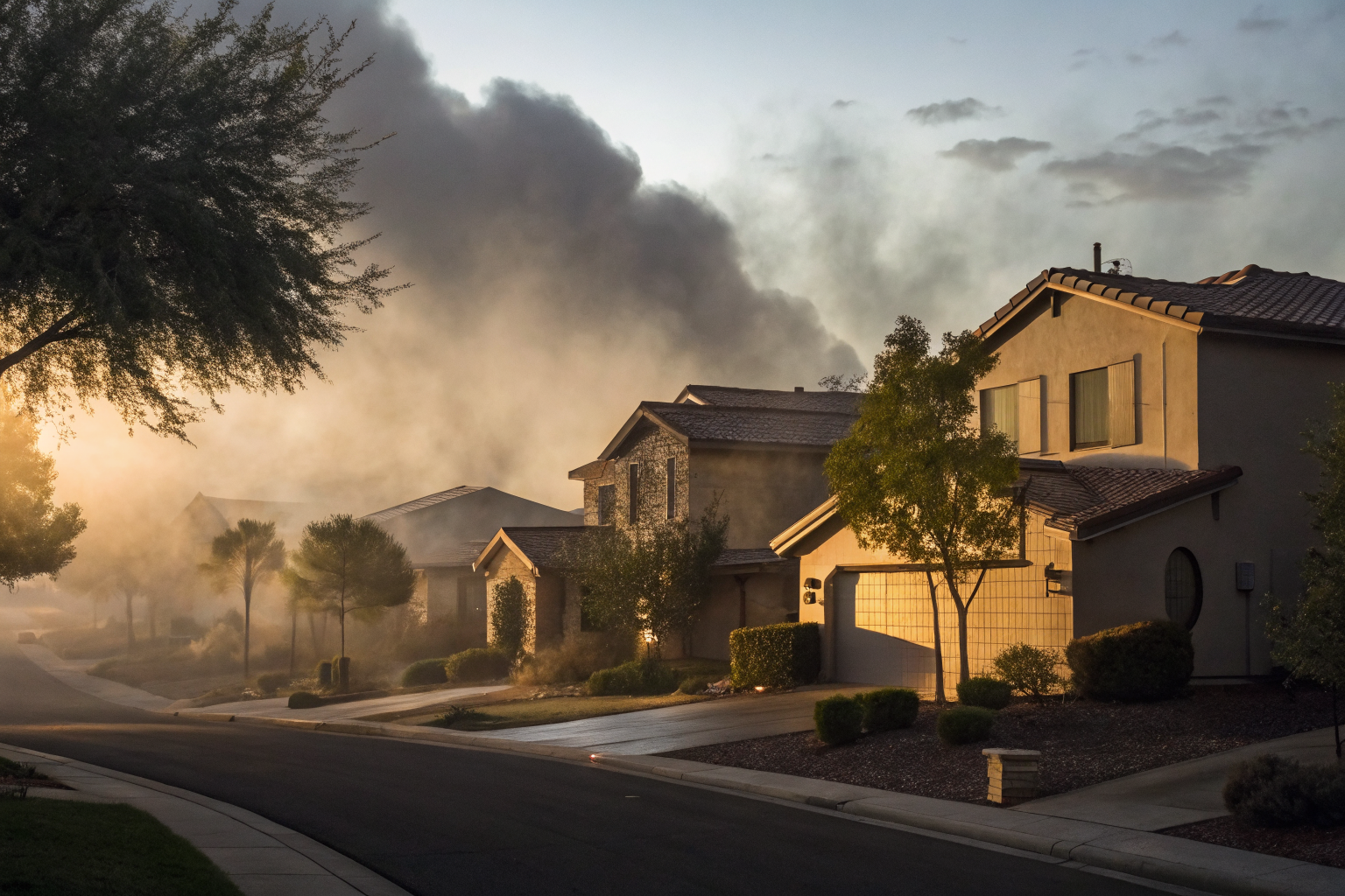 Arizona neighborhood with insurance documents, dramatic lighting, fog.