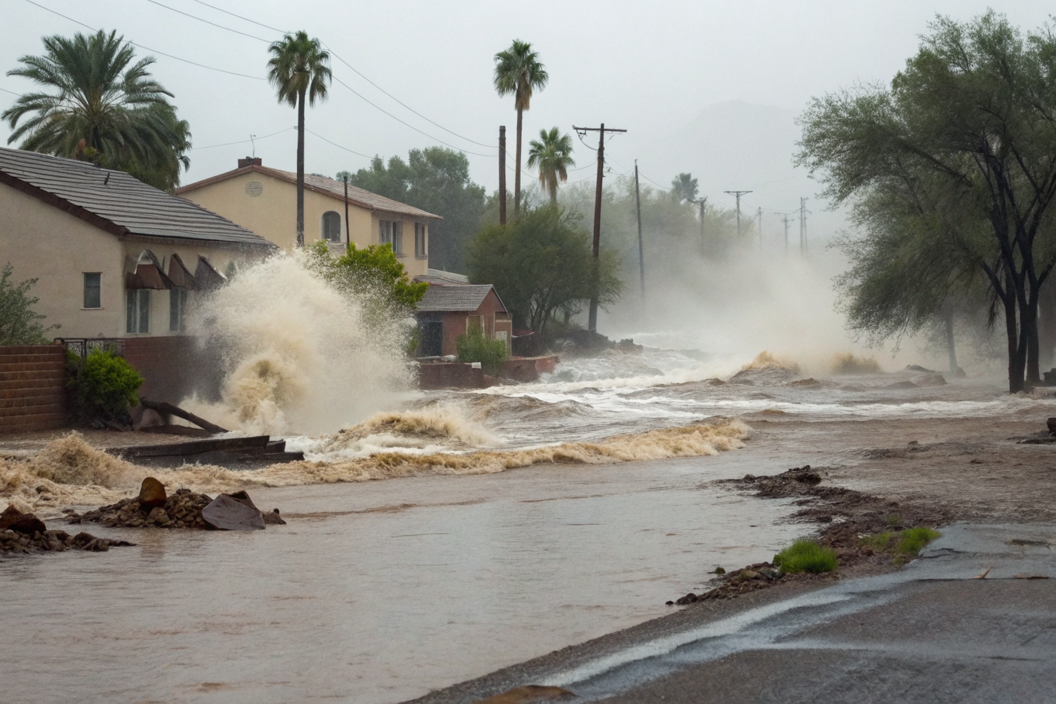Monsoon floodwaters surge dramatically through a Phoenix street.