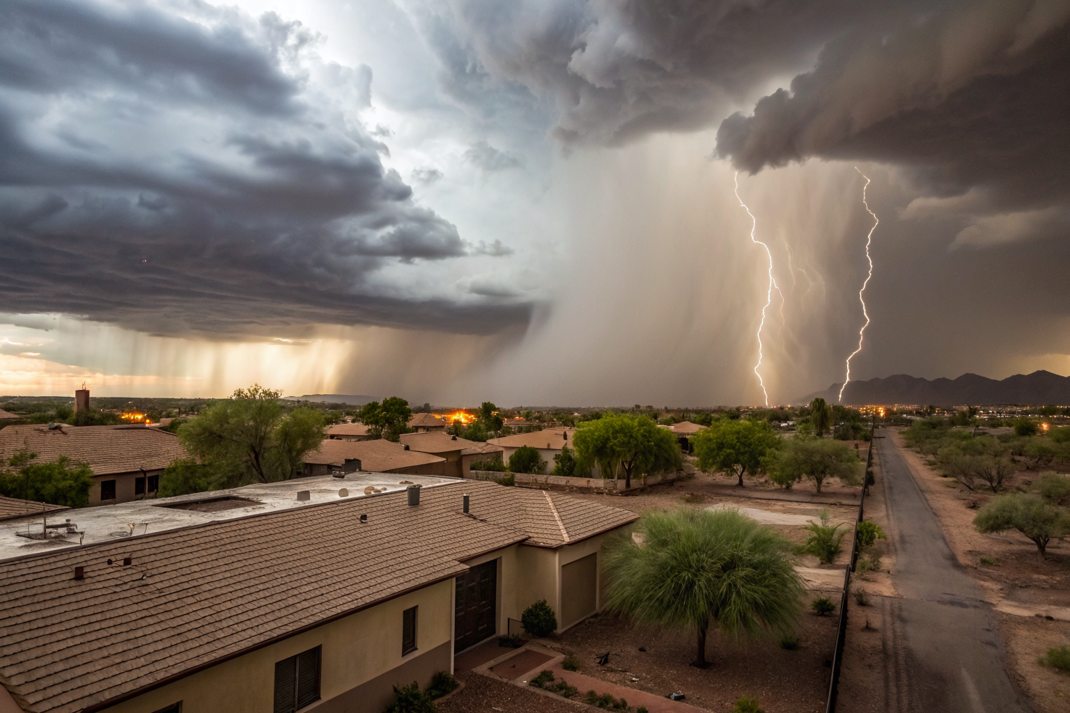Arizona monsoon storm with rain and damaged homes, 8k quality, dramatic lighting.