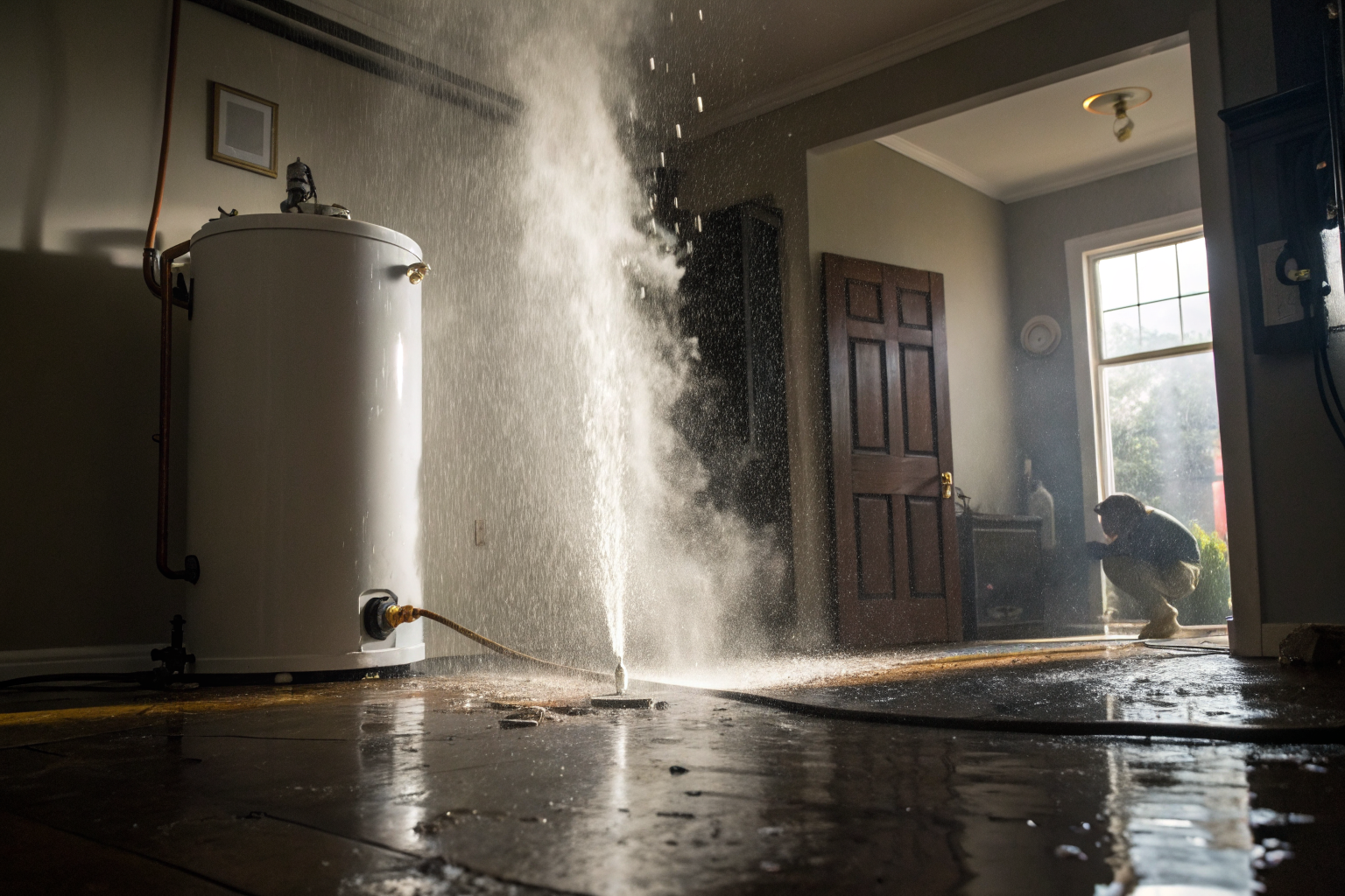 Water heater failure with water flooding floor, dramatic lighting.