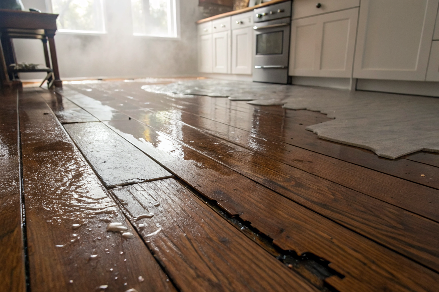 Water-damaged hardwood floors with visible stains and buckling in a home.