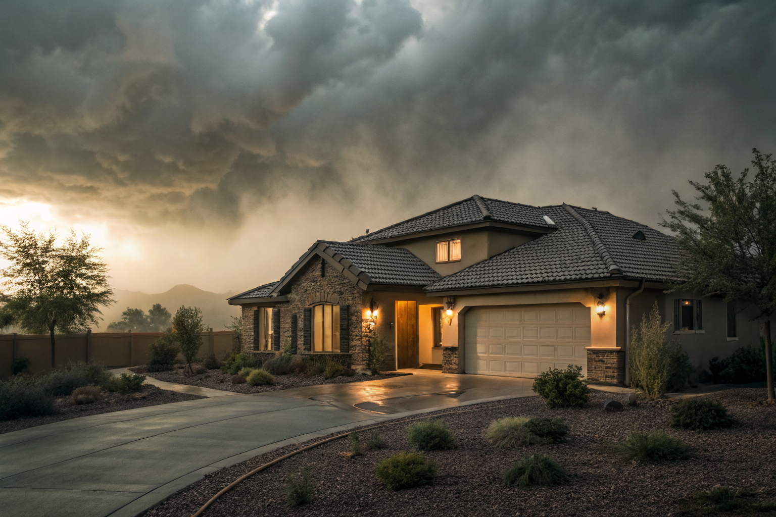 Arizona house with a new roof under dramatic lighting and fog.