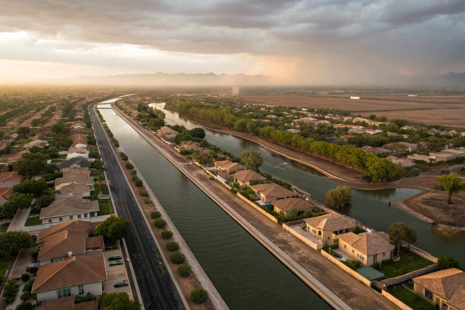 Aerial view of Gilbert homes near a canal with flood zone markings.
