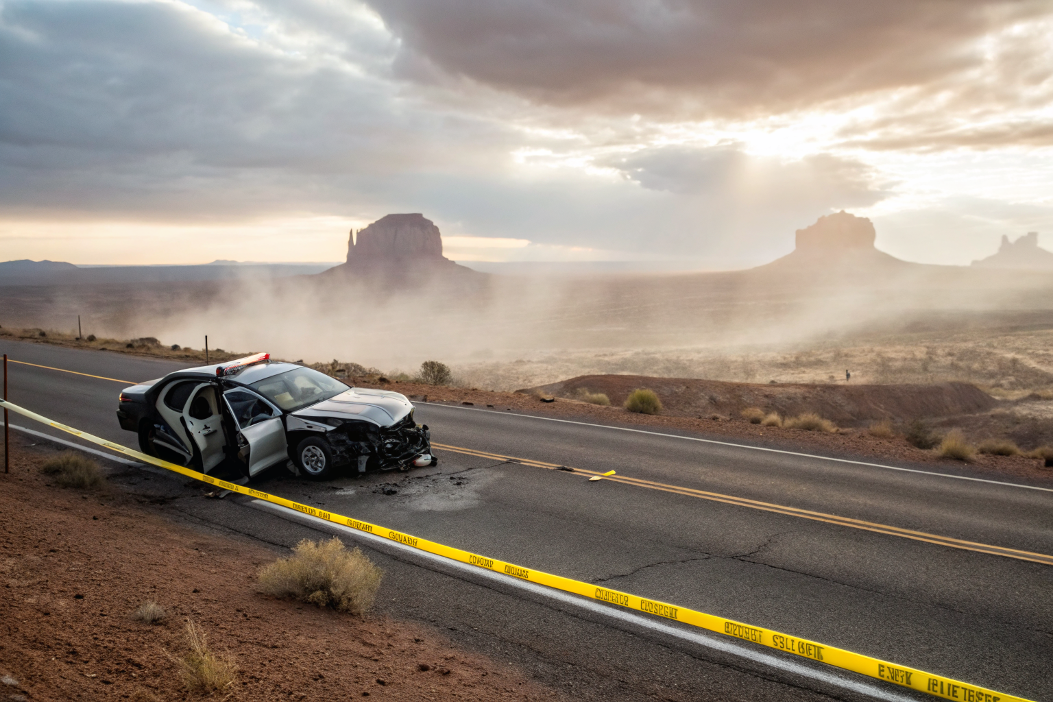 Car crash scene on Arizona highway with police tape and desert landscape.