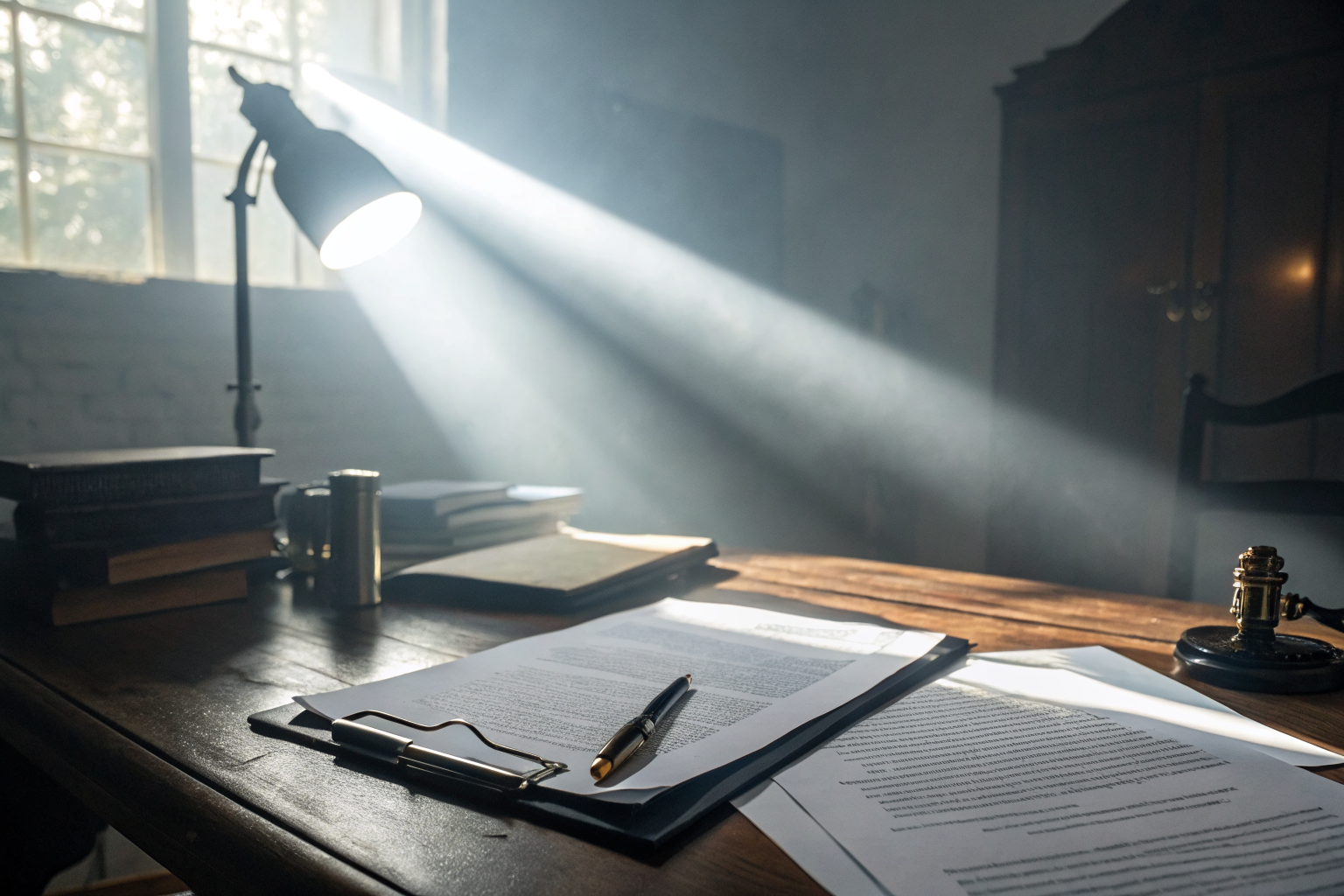 Declarations page on a desk with dramatic lighting and hyper-detail.