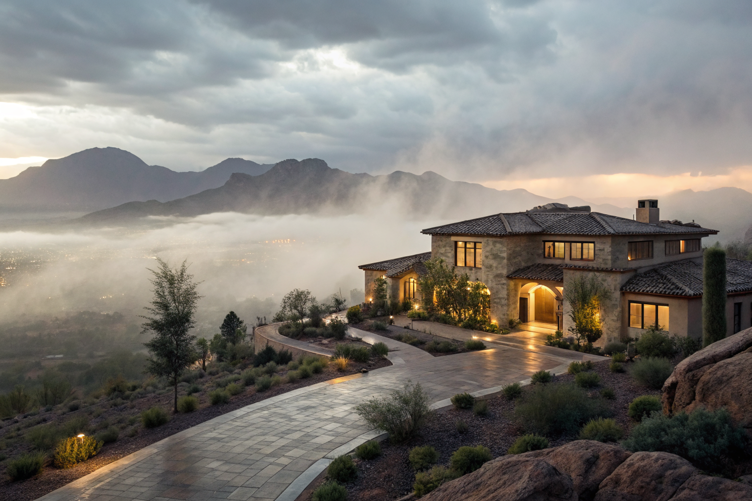 Luxurious Scottsdale home with dramatic lighting and volumetric fog.