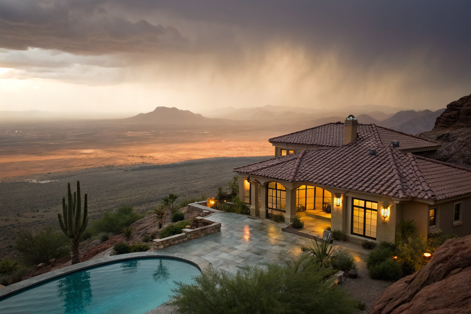 Tile-roofed house with a pool in Chandler, Arizona, desert background.