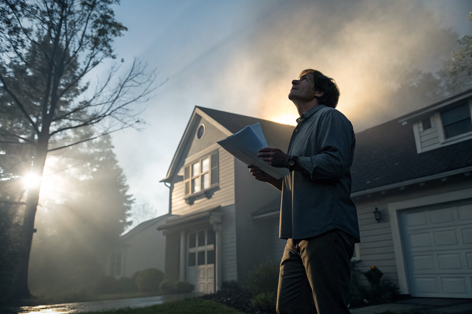 Homeowner with papers realizing insurance disclosure obligation.