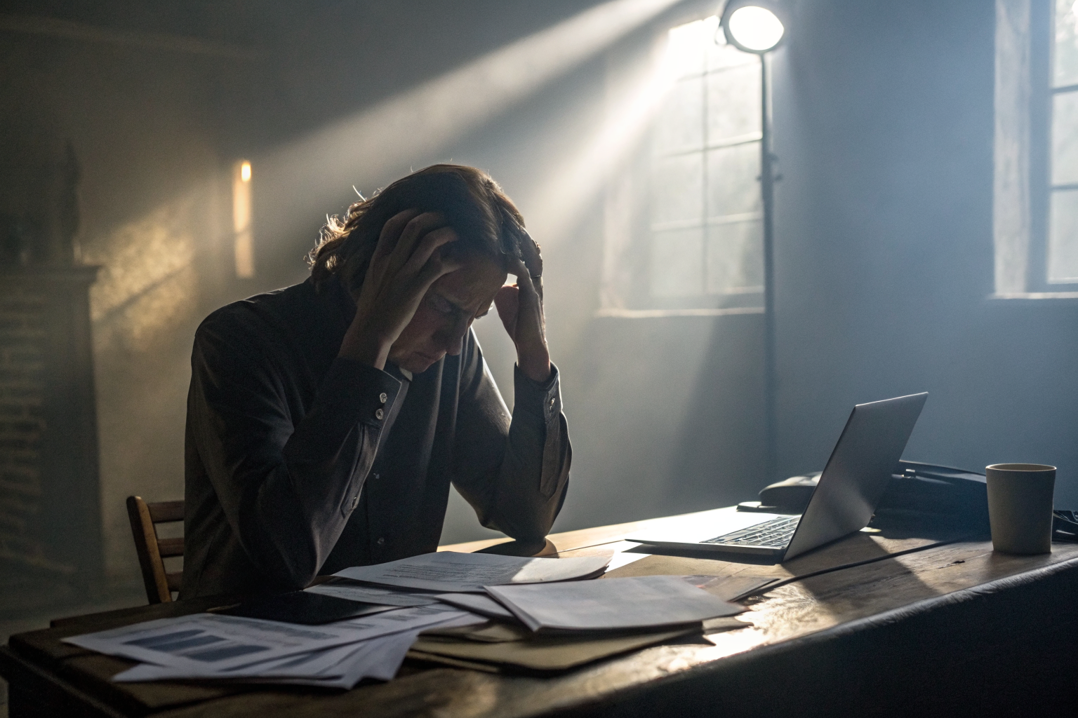 Person at a desk reviewing insurance documents with a denial letter, dramatic lighting.