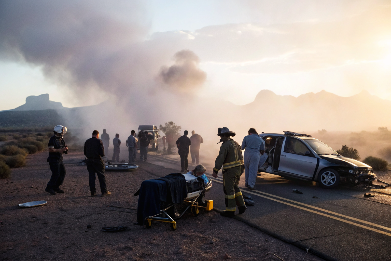 Emergency responders assist crash victims in Arizona with insurance papers visible.