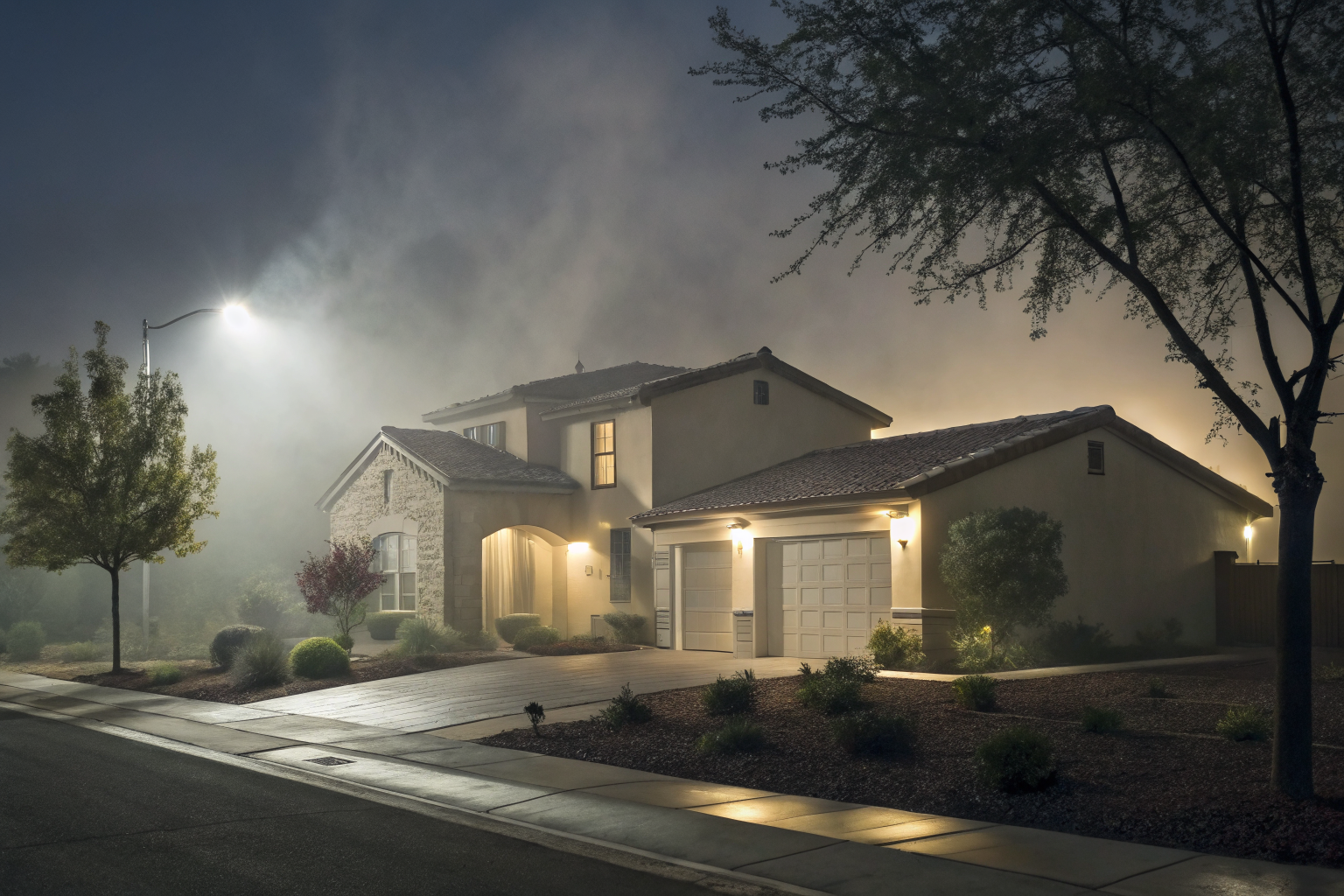 Mesa AZ suburban home with dramatic lighting and fog, symbolizing insurance.