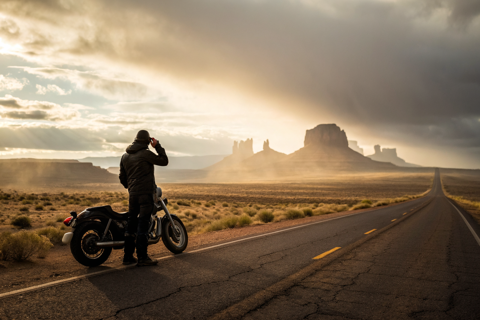 Motorcycle rider with insurance checklist on a desert road, dramatic lighting.