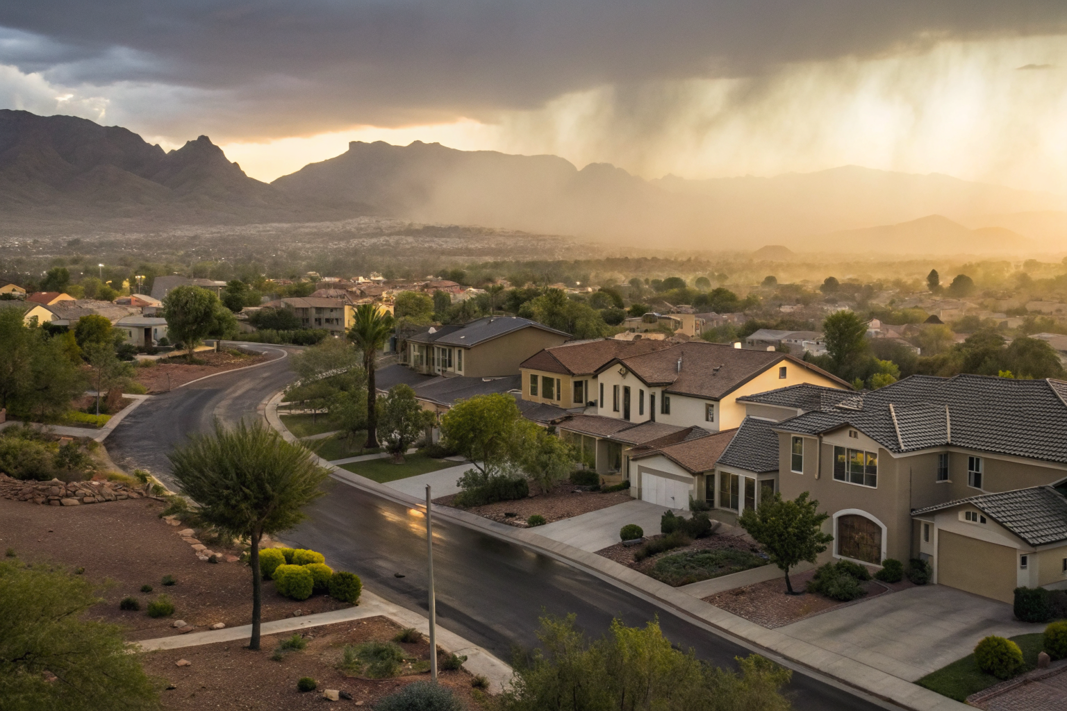 Arizona neighborhood scene with dramatic lighting, showcasing insurance coverage.