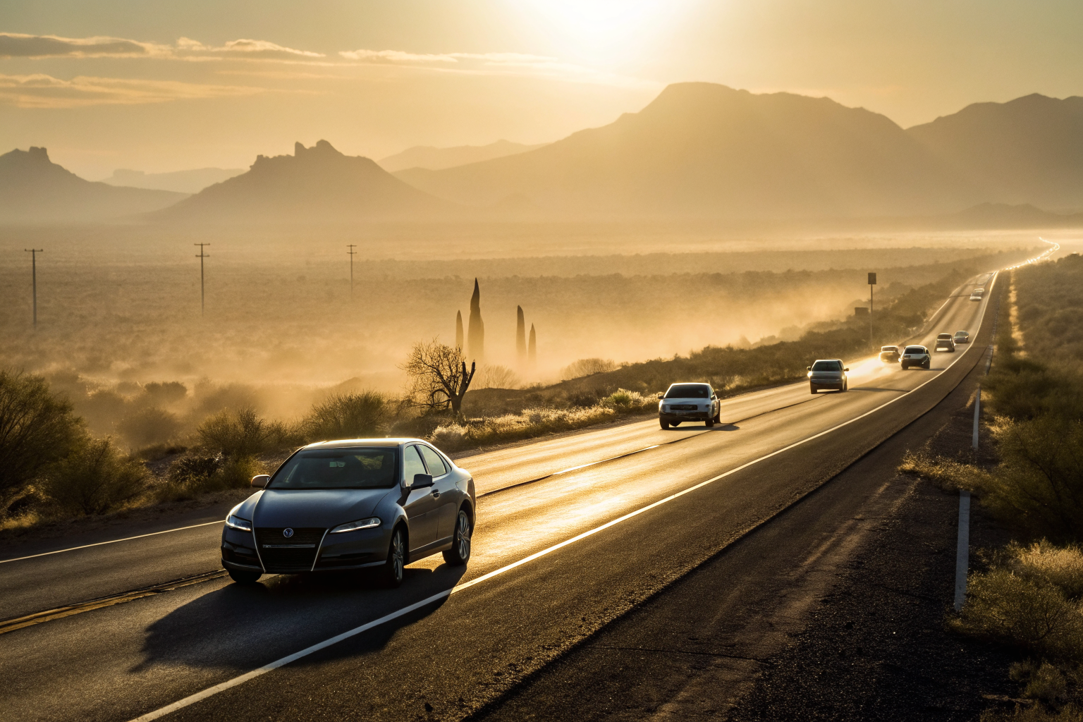 A high-end sedan on an Arizona highway, symbolizing financial responsibility.