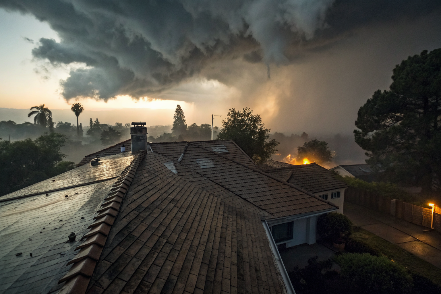 Weathered rooftop in a stormy suburban neighborhood at dusk, highlighting roof age.