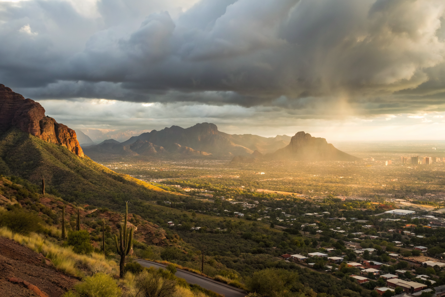 Panoramic Arizona landscape with urban and rural areas under dramatic lighting.