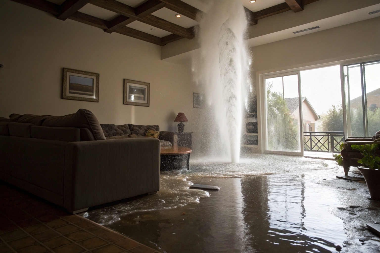 Burst water pipe flooding a living room in Arizona, dramatic lighting.