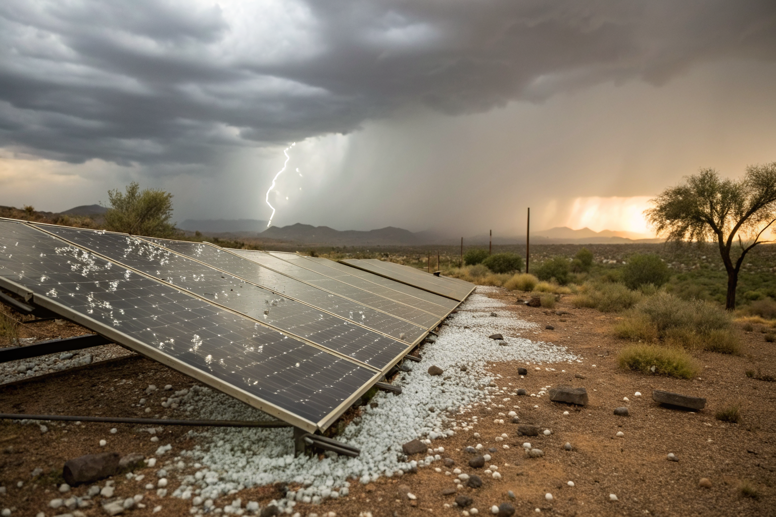 Hail-damaged solar panels with broken glass under stormy skies in Phoenix.