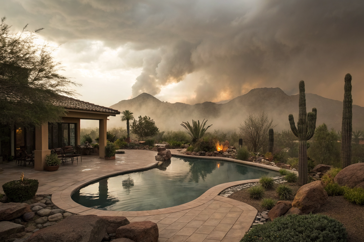 Arizona backyard pool highlighting rental liability issues in dramatic, high-contrast style.