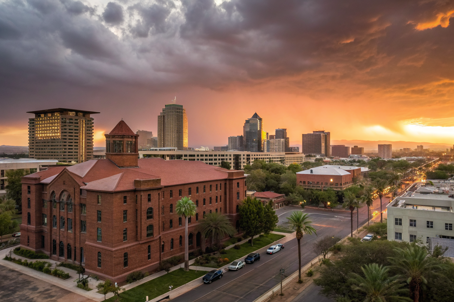Tempe skyline with ASU campus and rental properties at sunset, dramatic lighting.