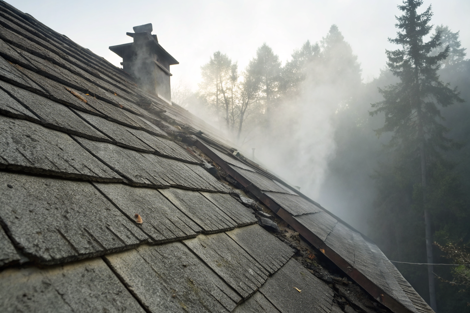 Close-up of an aged roof under dramatic lighting and fog.