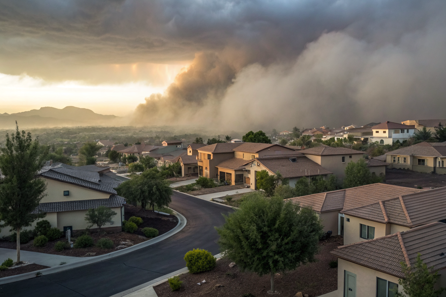 Suburban Arizona homes under dramatic lighting with fog, symbolizing insurance changes.