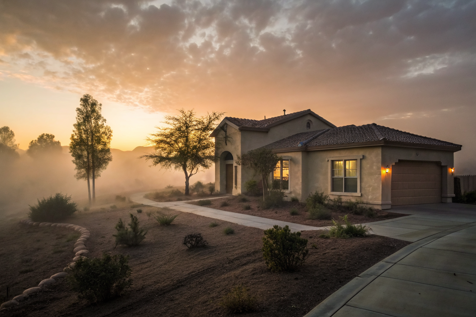Unoccupied Arizona home at sunset with dramatic lighting and fog.
