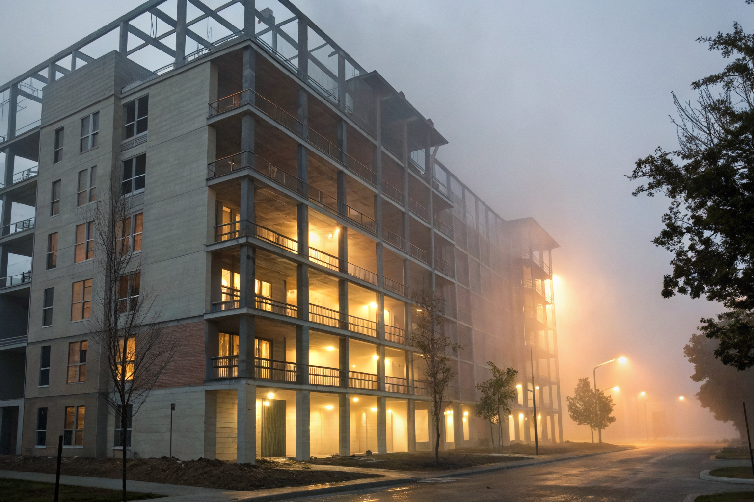 Apartment building exterior with lighting highlighting coverage zones.