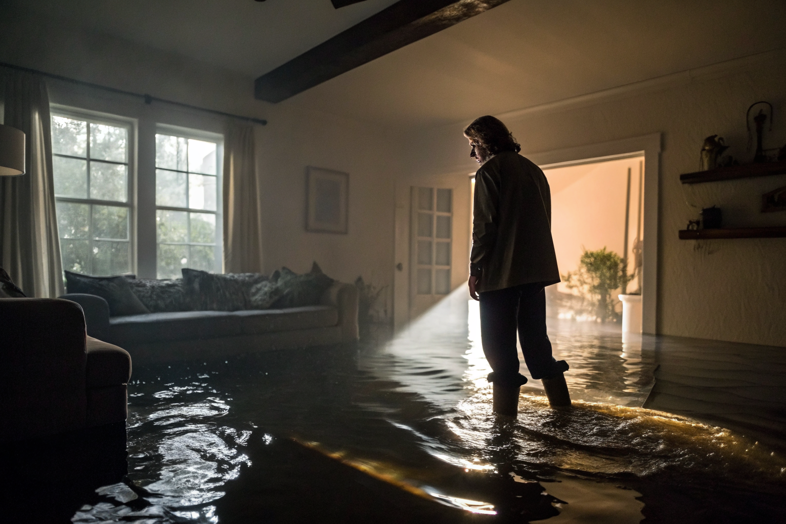 Homeowner in flooded room, water at ankles, dramatic lighting, detailed textures.