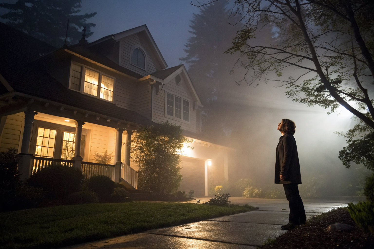 Homeowner holding a non-renewal notice, dramatic lighting, fog.