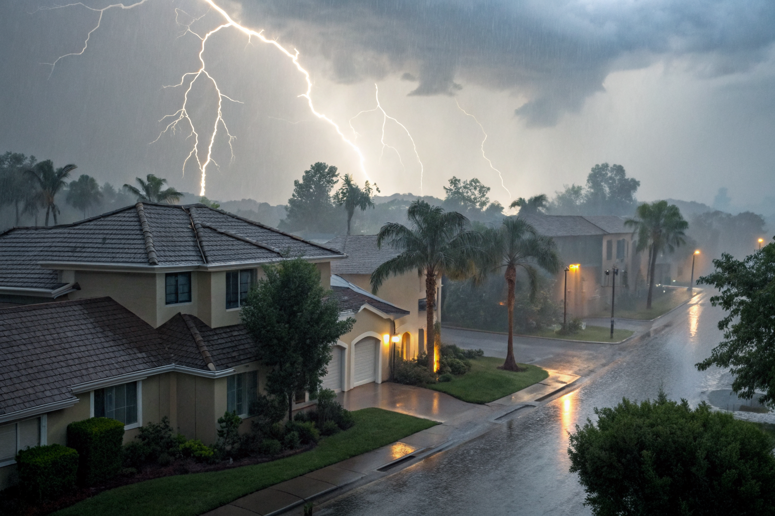 Monsoon storm hitting residential homes, showcasing weather impact.