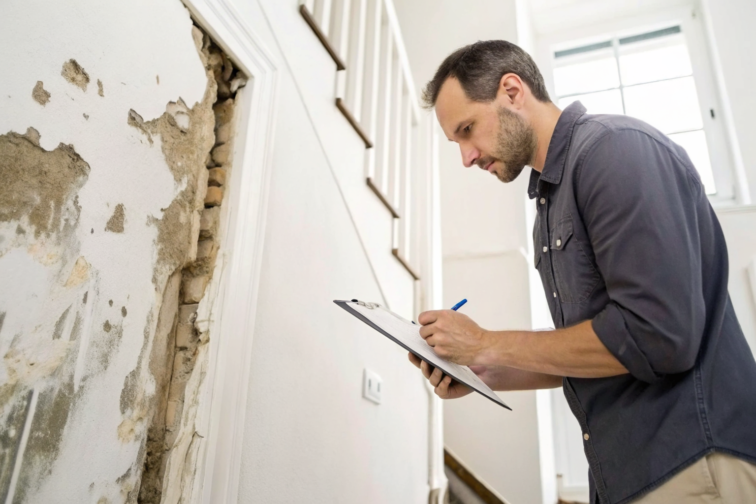 Adjuster examining water-damaged walls in Arizona home.