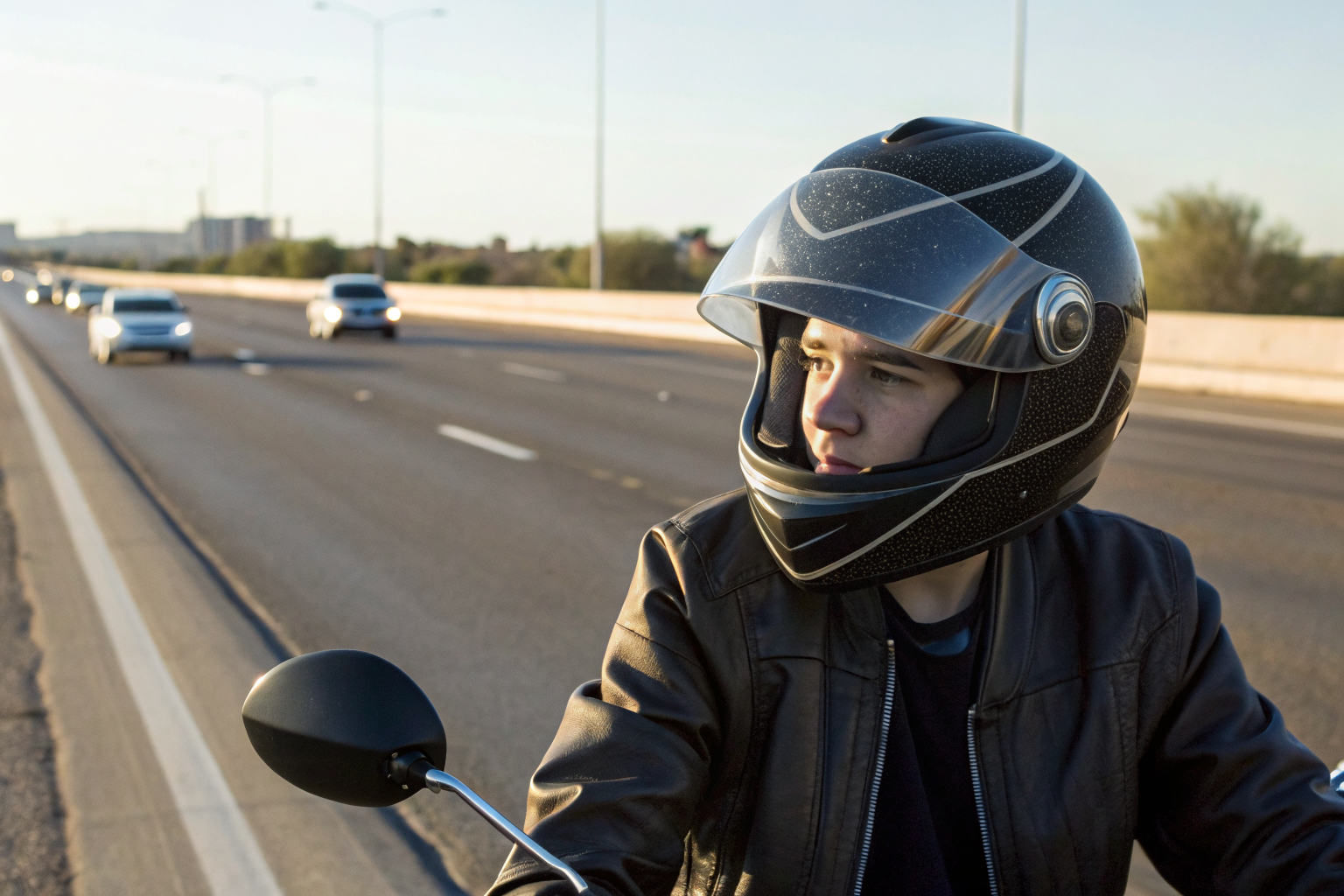Teen passenger on motorcycle wearing FMVSS 218 helmet in Arizona.