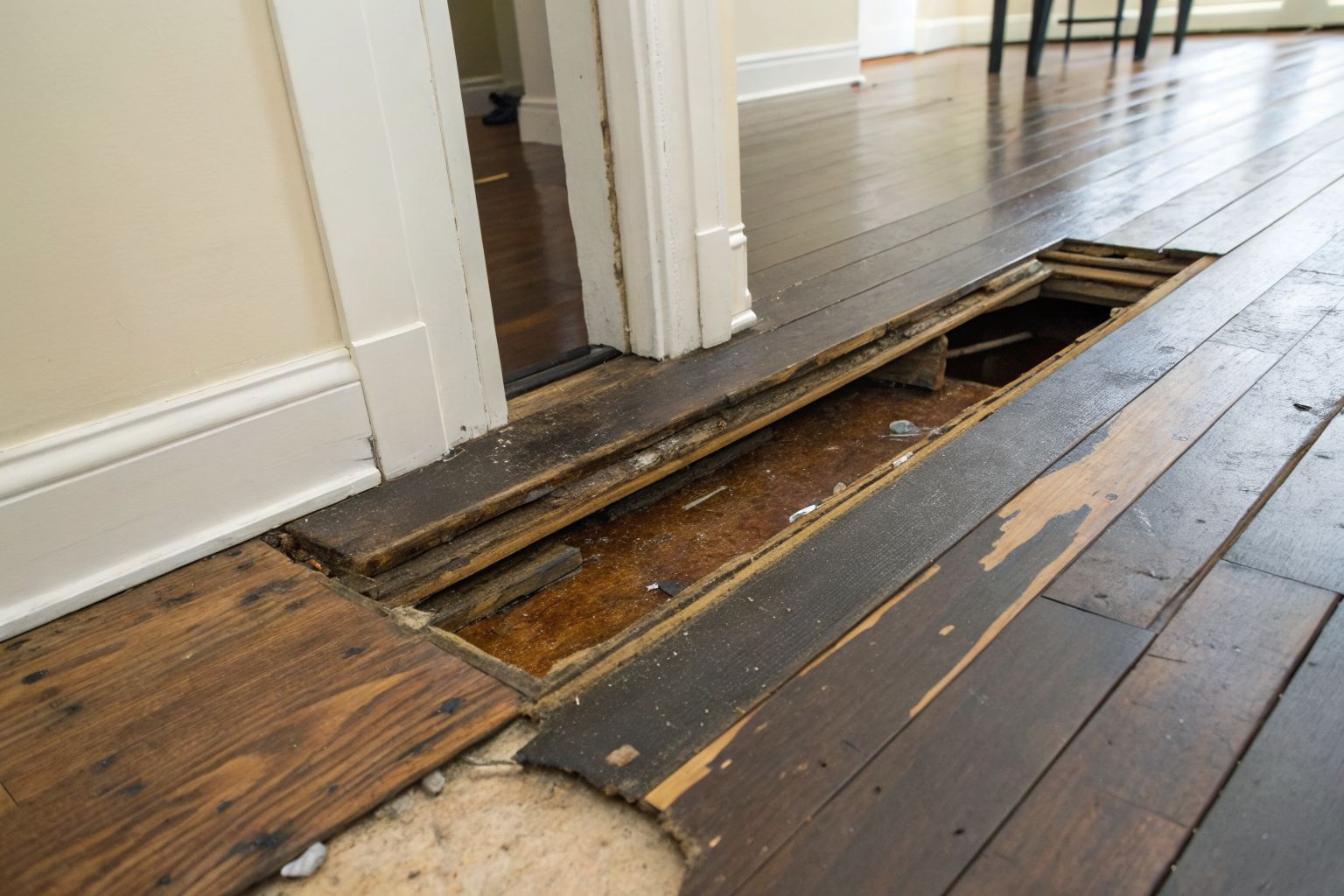Partially lifted hardwood floor showing subfloor damage beneath.