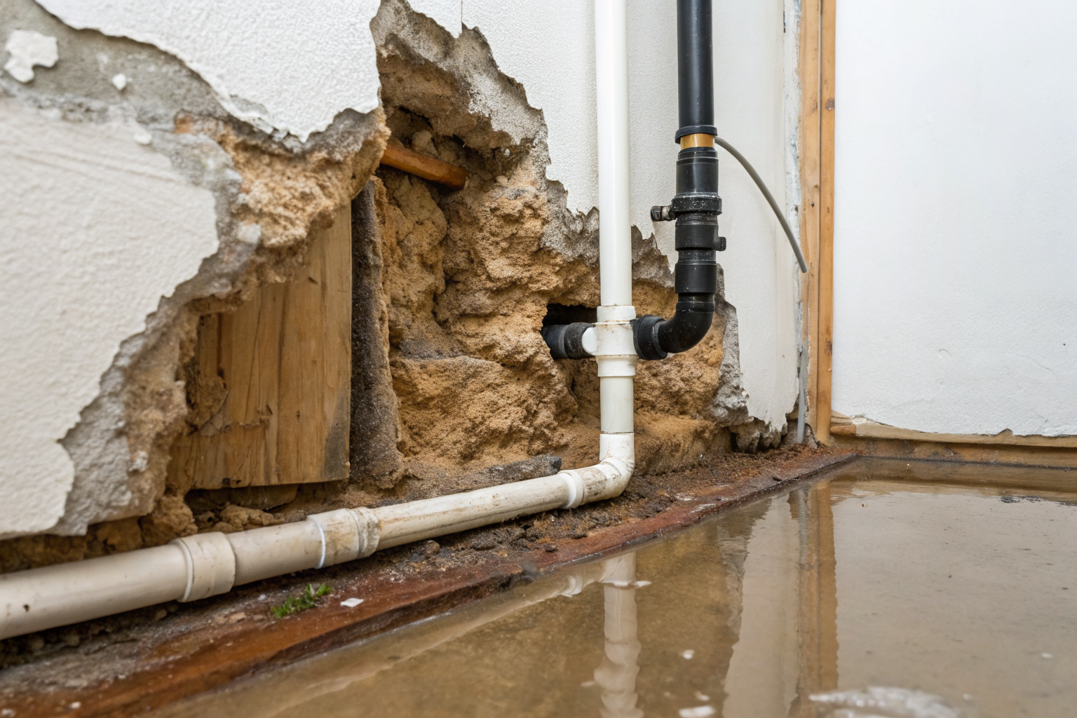 Cutaway wall showing hidden water damage and pipes.
