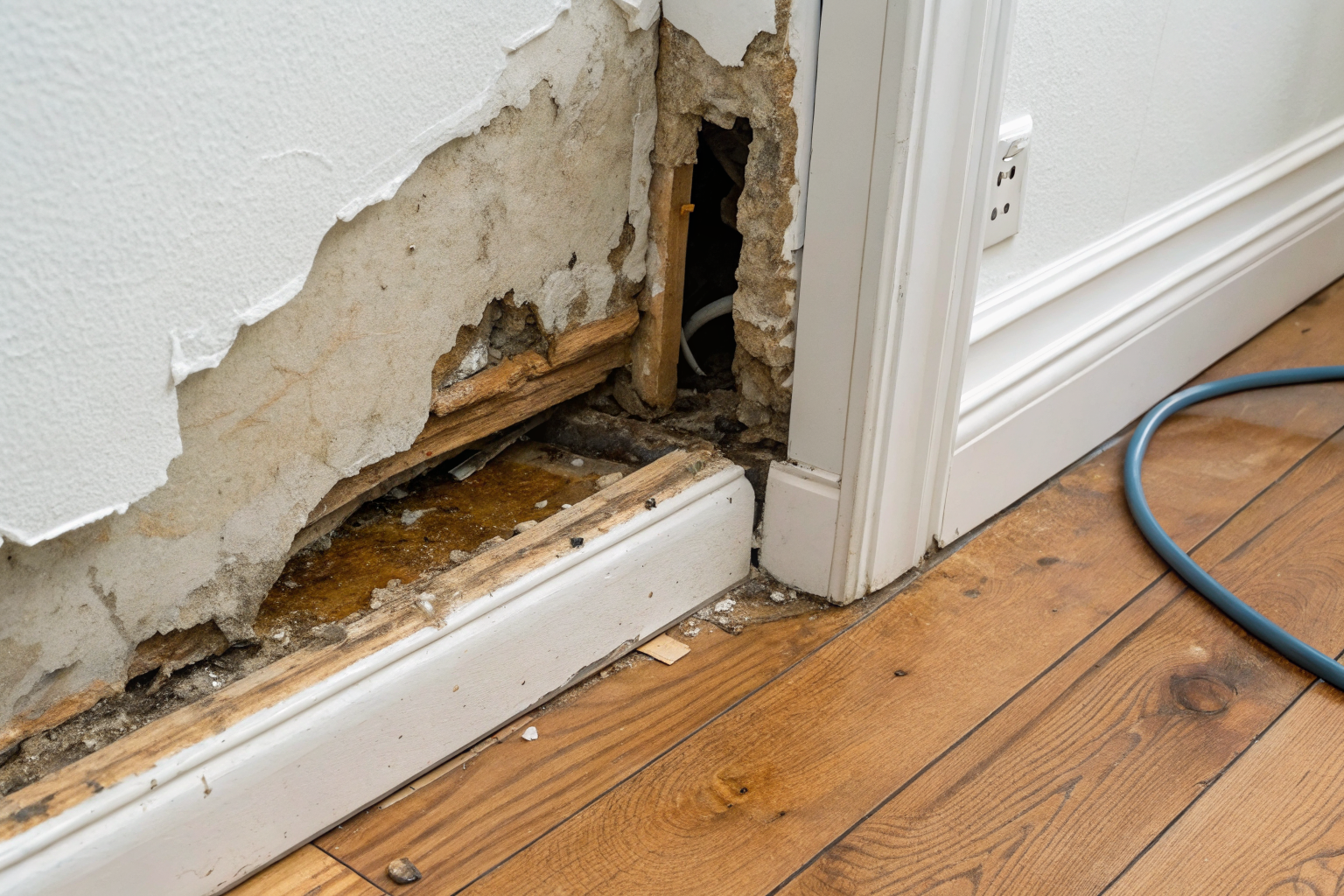 Hidden leak inside wall, part of wall cut away to show damage.