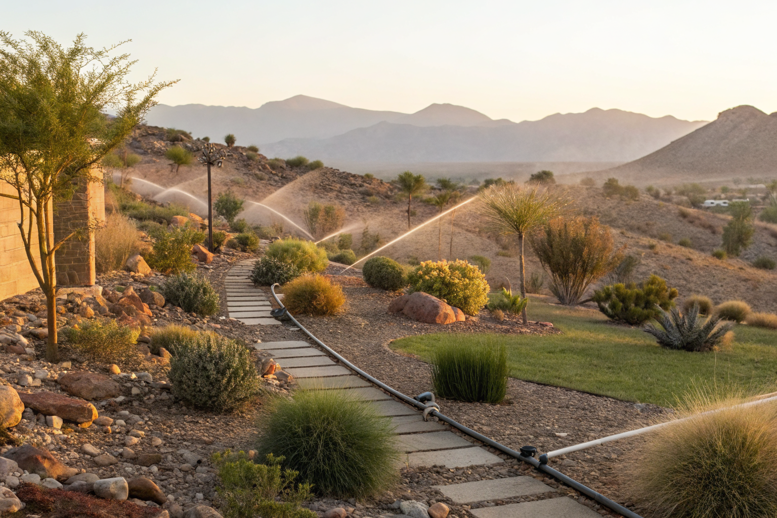 Desert landscape with irrigation system and xeriscaping.