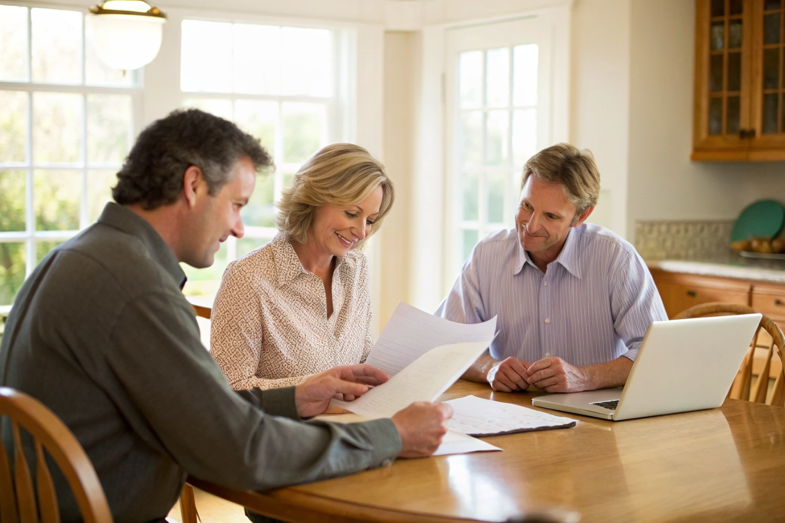Public adjuster and homeowner review claims at kitchen table.