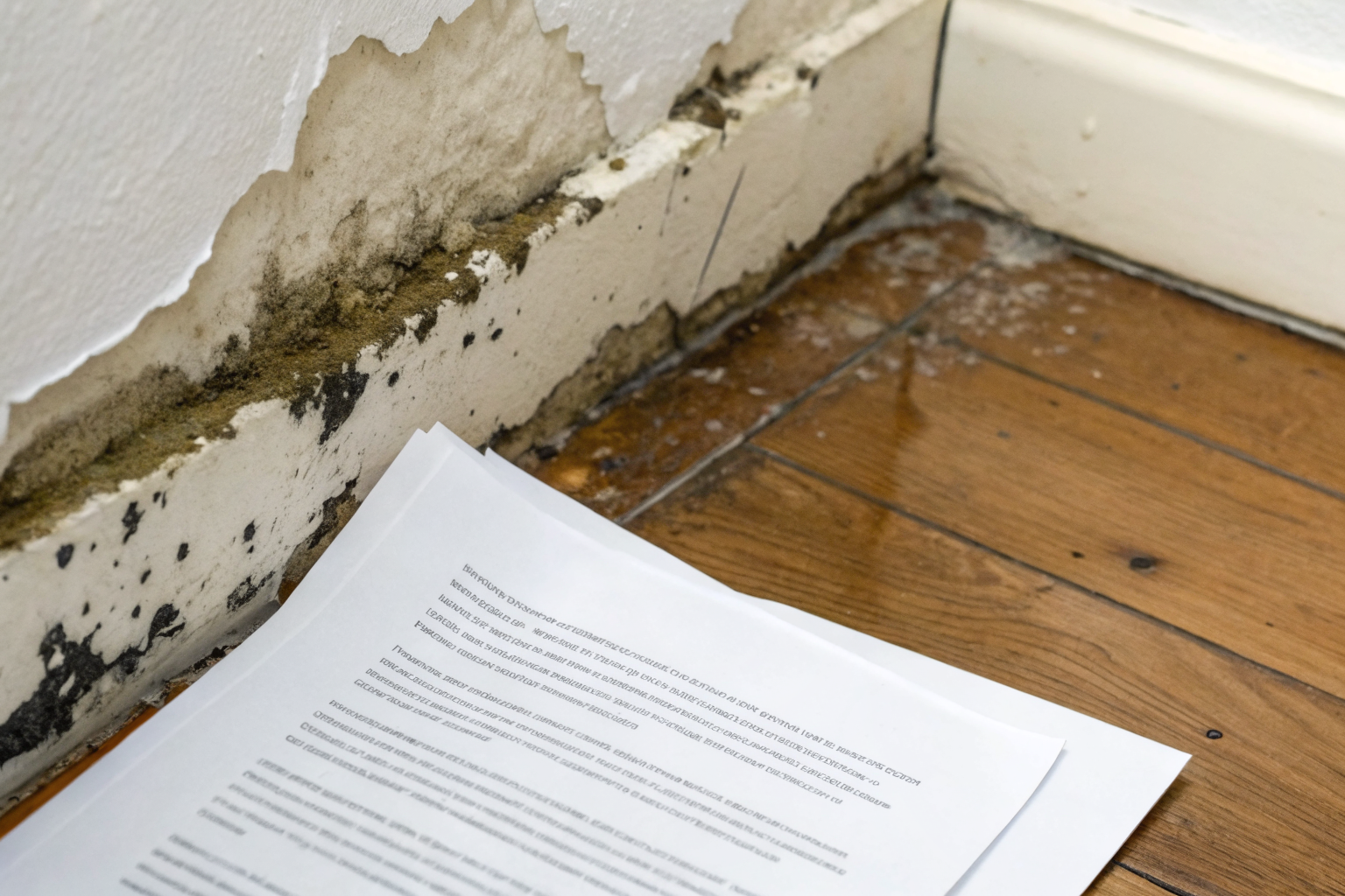 Denial letter and wet wall with water damage.