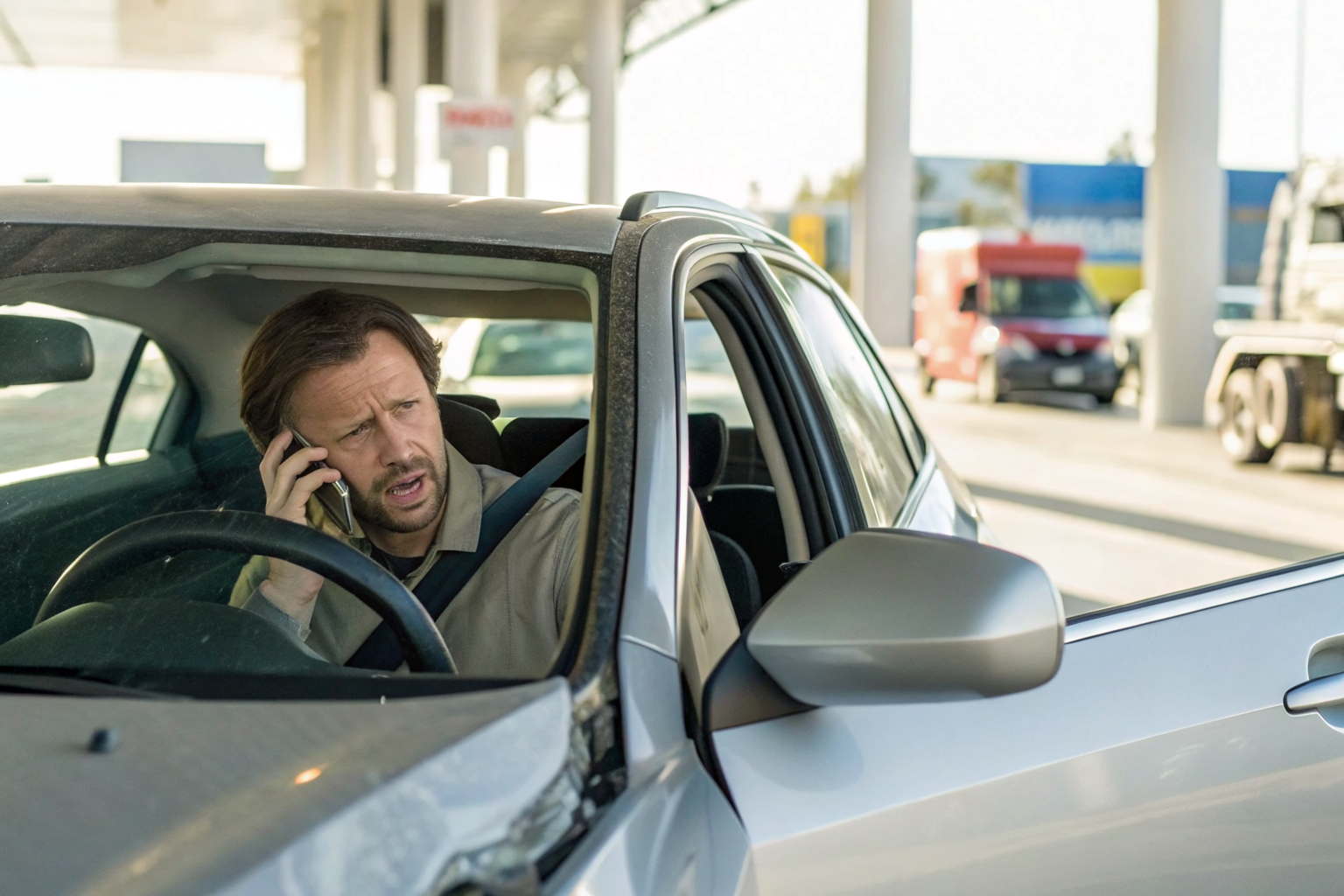 Driver in car making a concerned phone call at gas station.