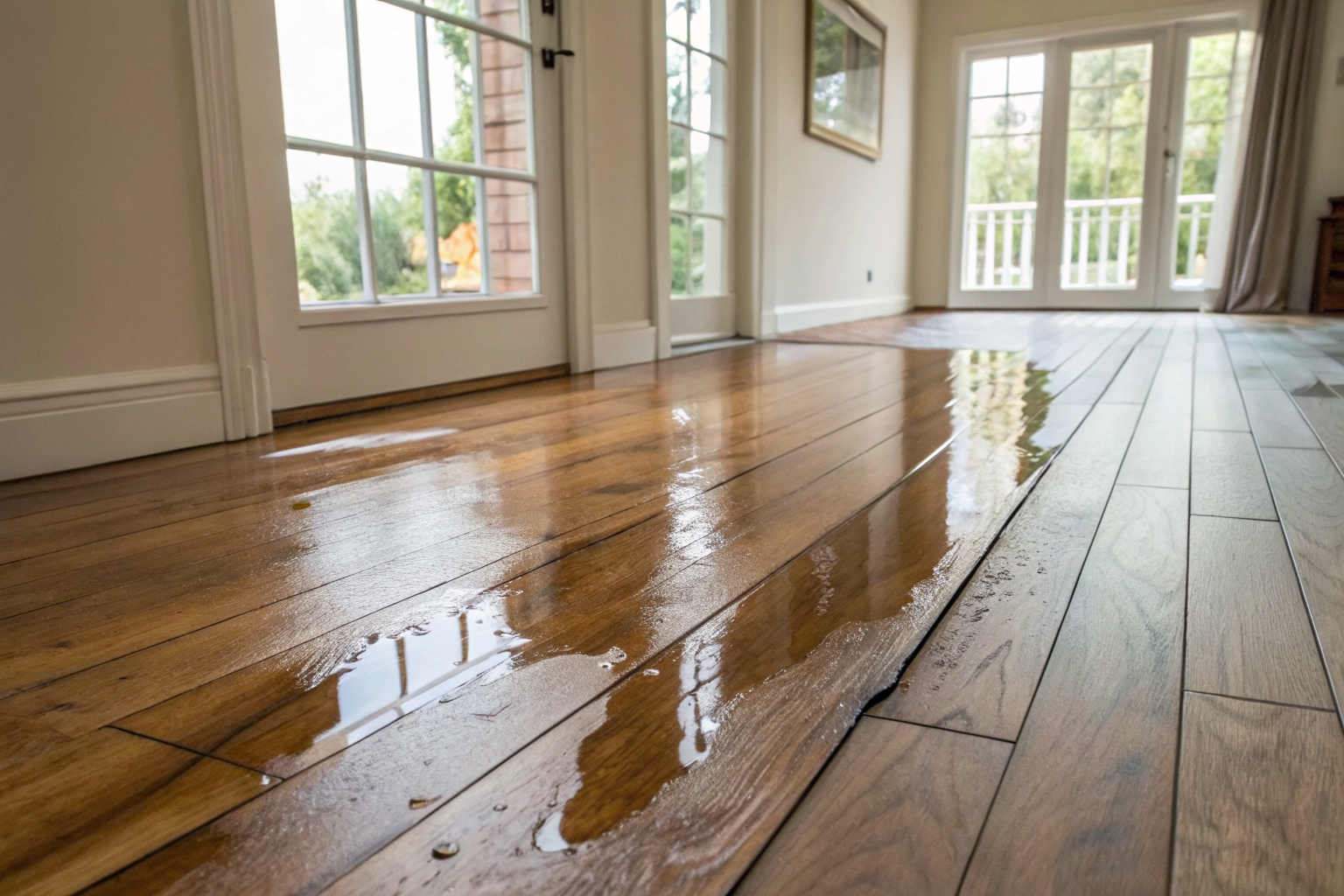 Warped and discolored hardwood floor showing sudden water damage.