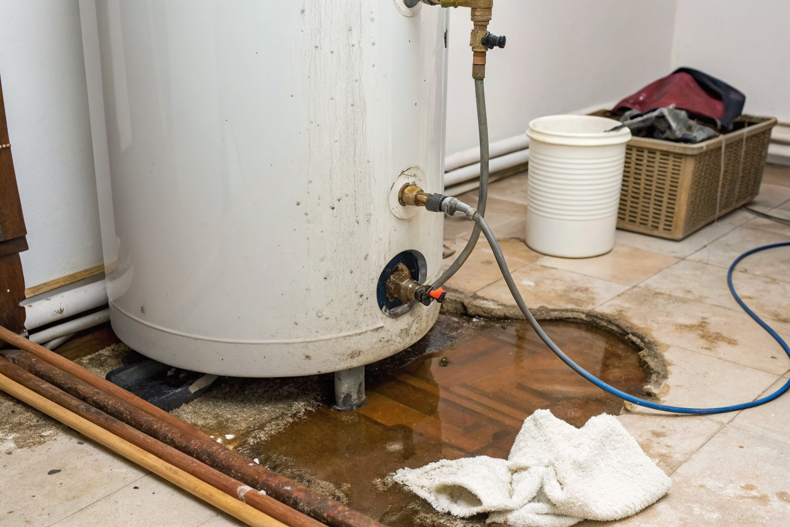 Close-up of damaged water heater with household items nearby.