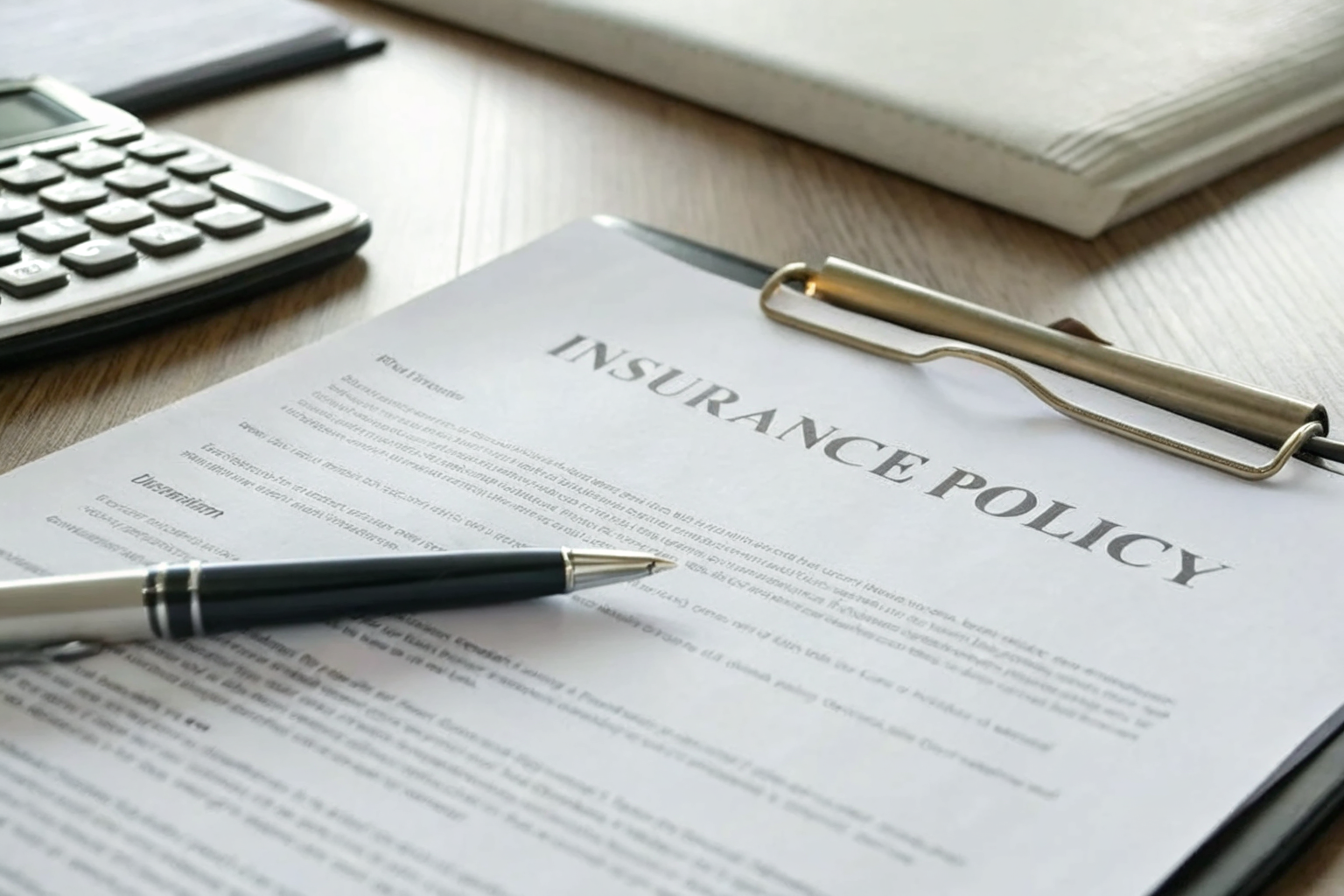 Insurance policy document on a desk with wear-and-tear exclusions highlighted.