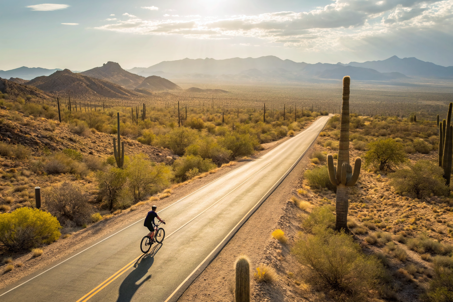 E-bike rider on a clear road in Arizona desert.
