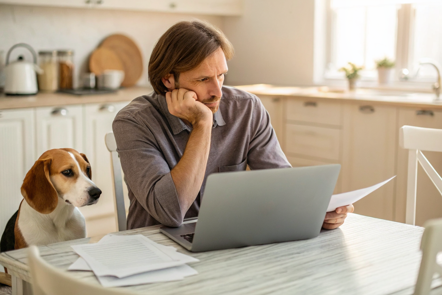 Dog owner reviewing insurance documents at kitchen table.