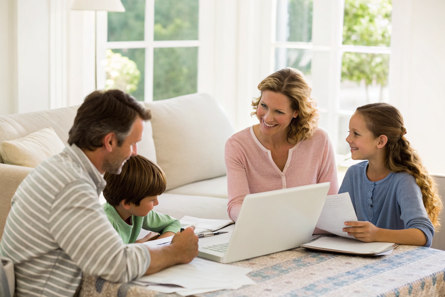Family discussing insurance policy changes around a table.