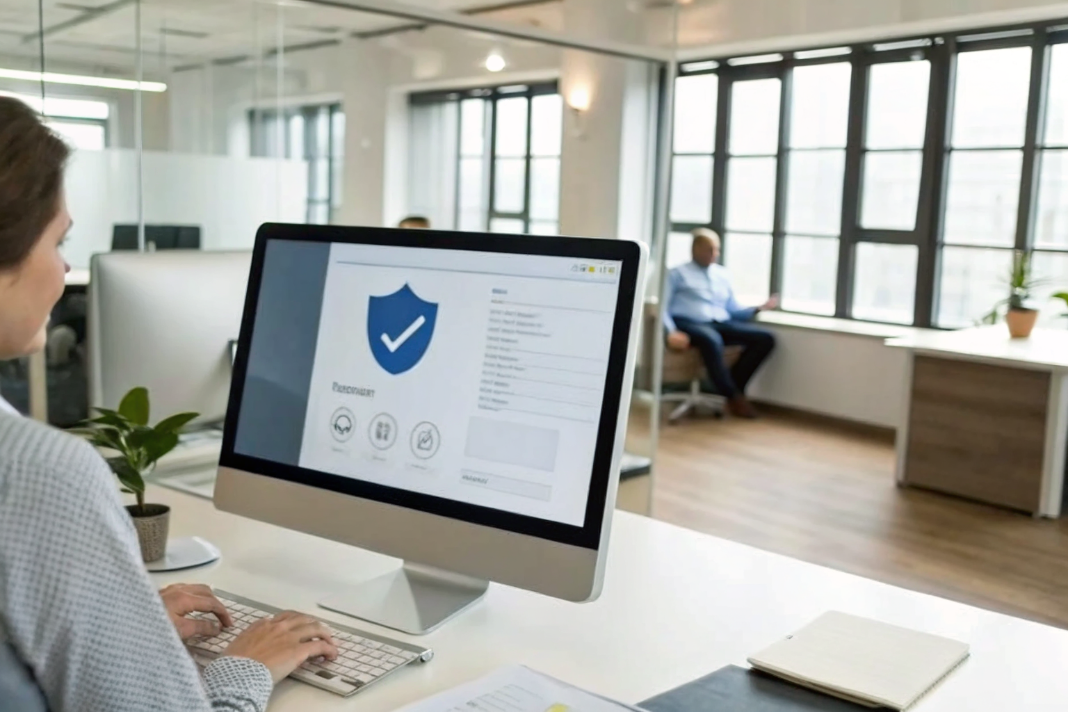 Computer screen in office with insurance portal for life-event updates.