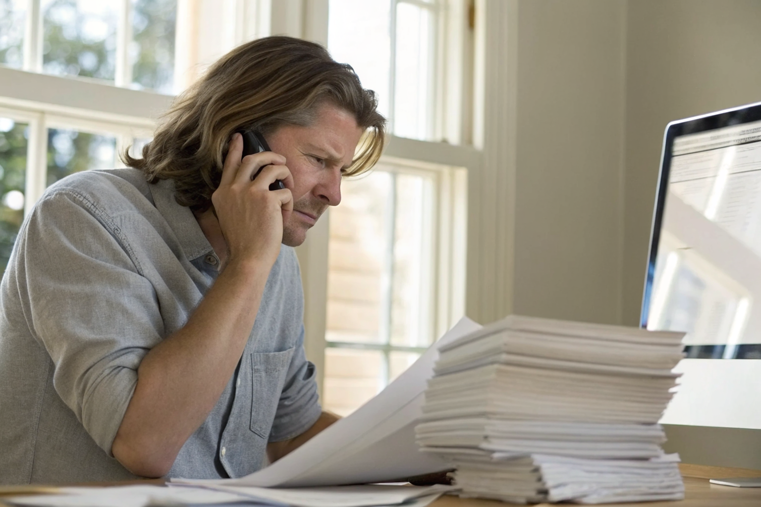 Concerned Arizona homeowner on phone, surrounded by renewal documents in home office.